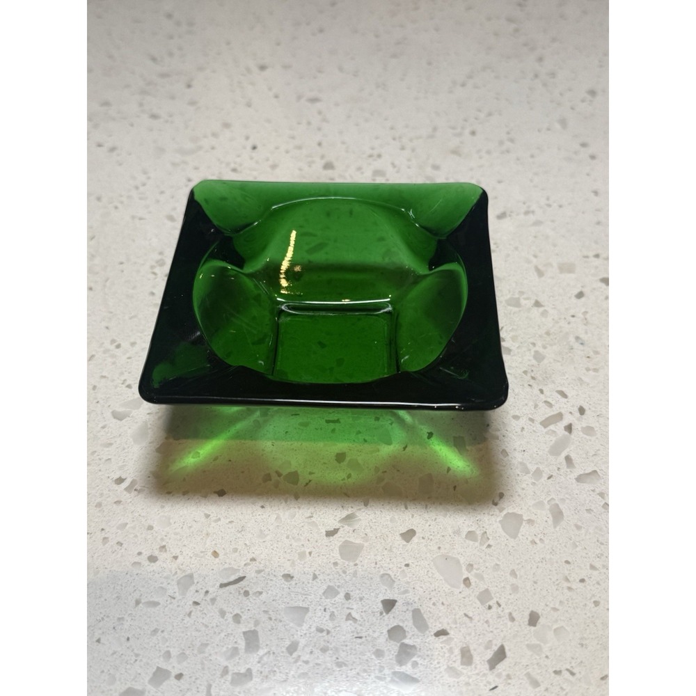 Anchor Hocking Forest Green 3 1/2" Square Individual Ash Tray Mid Century Glass